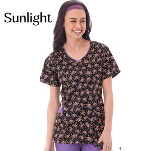 Halloween-Themed Bio Scrub Top With Purple Spiders Print & Pockets  Women SZ 4X